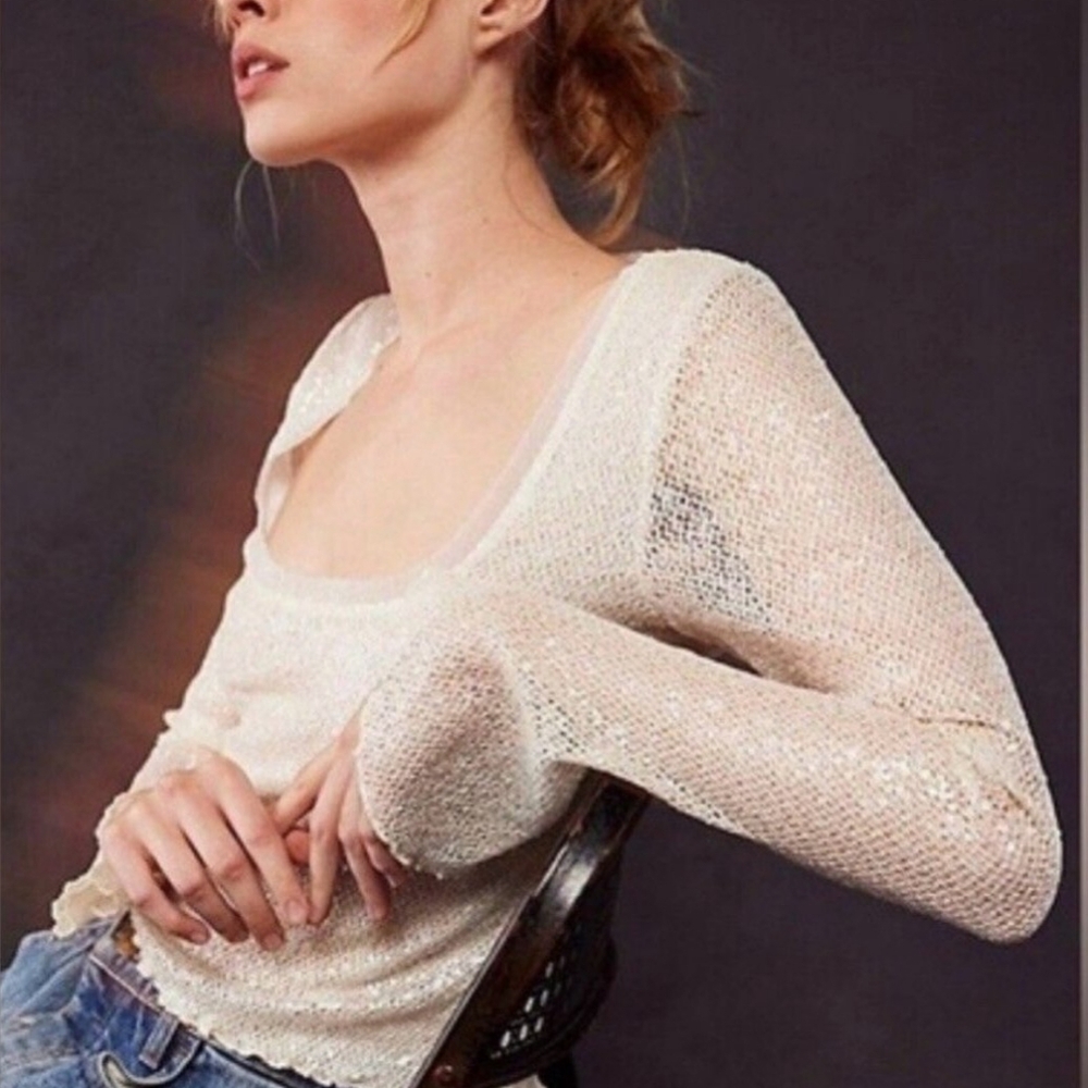 FREE PEOPLE/ Intimately Late Night Disco Layering Sequin Top in Ivory Size M